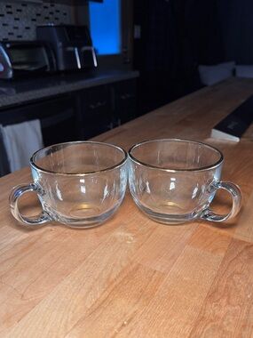 Clear Glass Coffee Cups with Gold rim and Handles - Set of 2